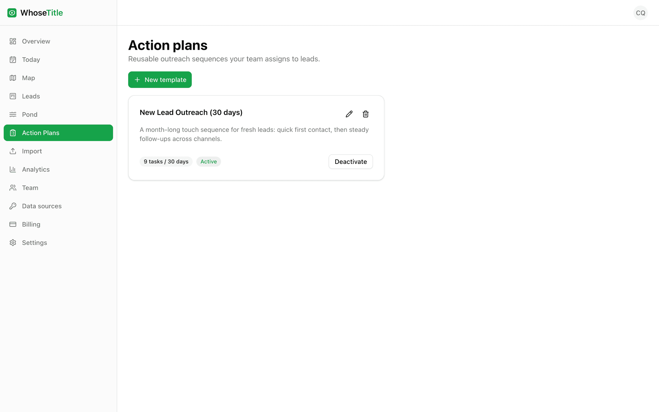 Action plans in WhoseTitle: the built-in New Lead Outreach template — nine tasks across 30 days — ready to assign to any lead