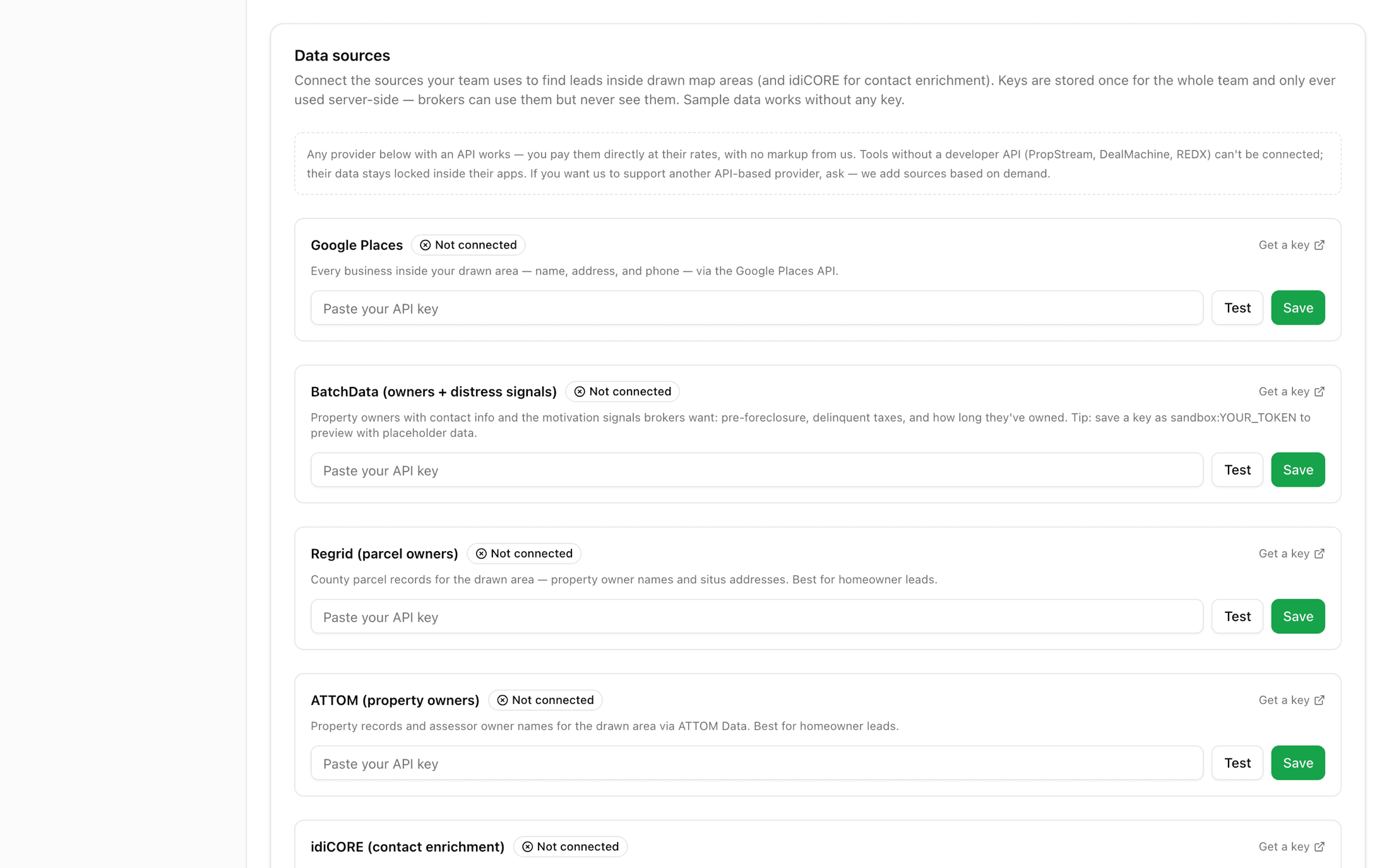 WhoseTitle's Data sources settings: connect your own BatchData, Regrid, ATTOM, or idiCORE API key — used at cost, no markup