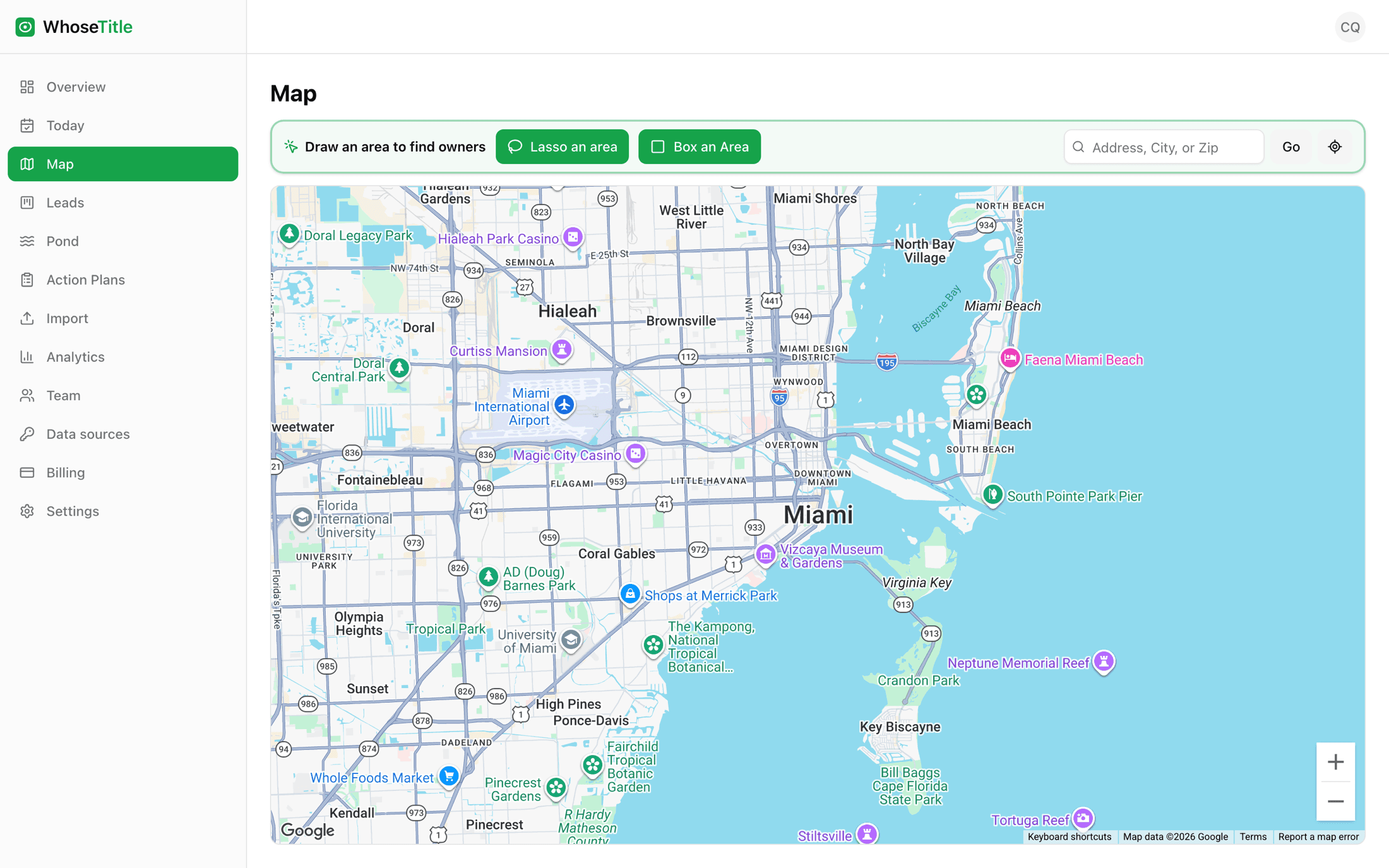 The WhoseTitle map workspace: draw any territory and pull owners from free county records — no driving required